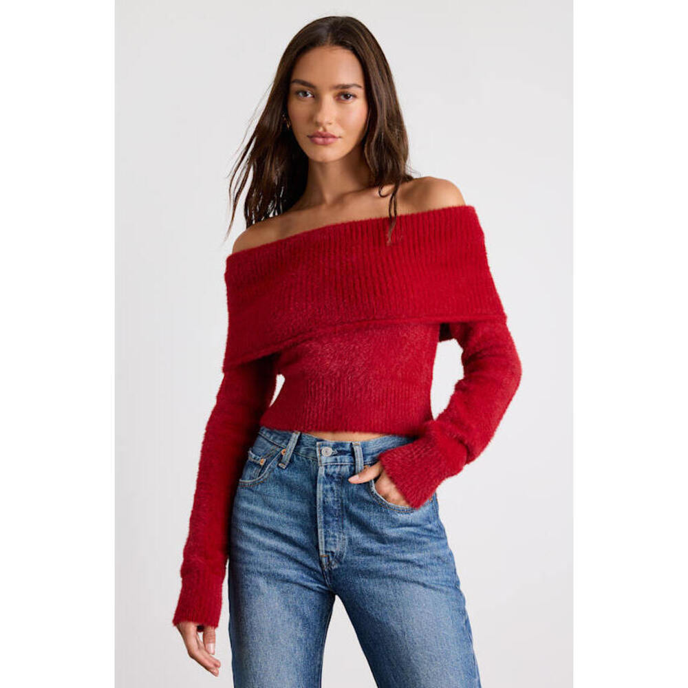 Lulus Ravenna Red Eyelash Knit Off-the-shoulder Sweater Top - Size L